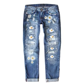 Astylish Womens Daisy Patchwork Ripped Jeans Boyfriend Washed Stretch Distressed Hole Denim Pants Blue Small