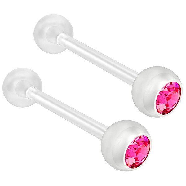 2pc Bioflex Tongue Bar Rings 14g 1.6mm Crystal Rose Pink