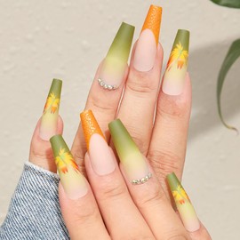 Fall Thanksgiving Press on Nails Long Square Artificial Acrylic Fake Nails with Maple Leaf Rhinestones Design Full Cover Reusable Glossy French False Nails Women DIY Glue on Nails Manicure for Set