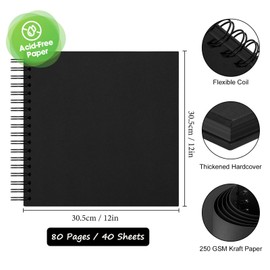 Boic DIY Photo Album 30 x 30 cm, DIY Spiral Album 80 Pages Photo Albums Scrapbook, Photo Book for Baby Valentine's Day Birthday Christmas Gift (Black)