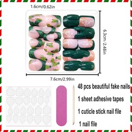 KOLONAMS 48Pcs Christmas Green Press on Nails Short Square Fake Nails with Glitter Design Winter Snowflake Christmas Tree Xmas Press on Nails Coffin Full Cover Acrylic False Nails for Women Girls