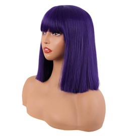 MapofBeauty 12 Inch/30 cm Straight Bob Flat Bangs Short Colorful Synthetic Hair Cosplay Party Wig (Dark Purple)