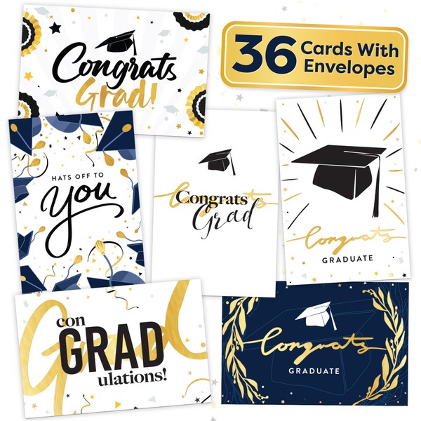 Graduation Cards 2024 Pack - 36 Pack Gold Foil and Envelopes - Bulk Graduation 2024 Party Supplies - Grad Gift Greeting Cards - 6 Artist Rendered Designs Graduation Cards Bulk College & High School
