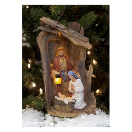 Three Kings Gifts, LED Light-up Driftwood Creche, Holy Family, Joseph, Mary and Jesus, 14 x 8.5 Polystone Nativity Scene, Home Decorating Christmas Table Top One-Piece Figurine