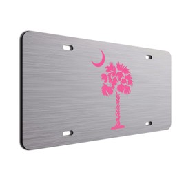Pink Palm Tree Crescent Moon Brushed Aluminum ACM License Plate South Carolina Beach Logo Car Tag