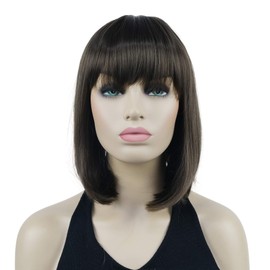 Lydell 10" Short Straight Bob Hair Wigs with Bangs No Part Full Synthetic Hair Cute Wigs (Light Chestnut Brown)
