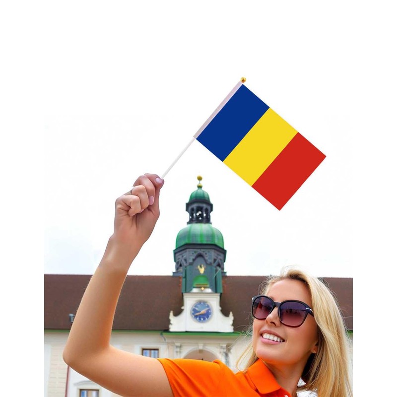 25 Packs Small Romania Flags on Handheld Stick，Miniature Romanian Flag