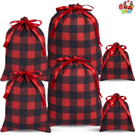 JOYIN Pack of 6 Christmas Fabric Drawstring Gift Bags Buffalo Plaid Santa Bags in Various Sizes Christmas Parties Gift Wrapping Reusable Party Favors