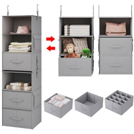 Vailando 6-Tier Hanging Shelves for Closet, Two 3-Shelf Hanging Closet Organizer w/ 4 Side Pockets and 3 Drawers, Combinable for Dorm Wardrobe Organizer and RV Storage and Organization