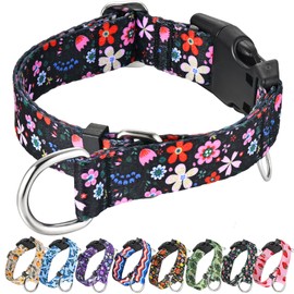 Fidohug Martingale Dog Collar with Buckle Adjustable Nylon Limited Slip Training Floral Dog Collars (Black Pink Red, Large)