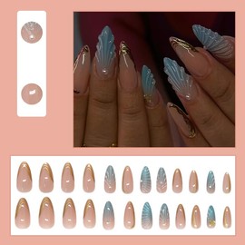 French Golden Edge Press On Nails Almond Medium Water Ripple Fake Nails With Pearl Design Summer False Nails Press Ons Full Cover Stick On Nails Glossy Artificial Glue On Nails For Women Girls