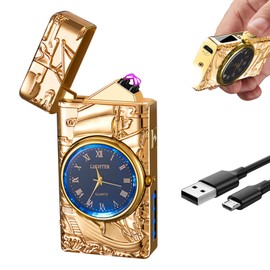 COMANYI Electric Lighter with Plasma Arc, Windproof USB Rechargeable Lighter with Cool Design, Clock Dial, Flashlight, Power Display for Outdoor Daily Use, Gift for Men Women (Sailboat, Gold)