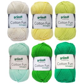 6 x 50 g Gründl Cotton Fun Crochet Yarn Knitting Yarn Including Instructions for a Guinea Pig (Green Yellow Mix)