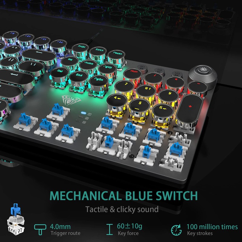 AULA F2088 Typewriter Style Mechanical Gaming Keyboard Wired,Blue Switches,Rainbow LED