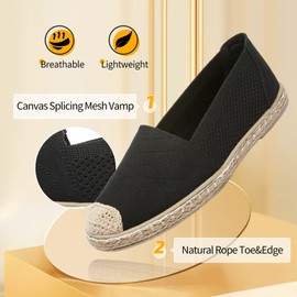 Women's Flats Shoes,Breathable Black Espadrilles Flats,Black and White Slip on Shoes,Lightweight and Soft(Black.US5)