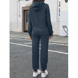 REORIA Women Cotton Tracksuit Set Long Sleeve Two Piece Outfit Solid Color Lounge Wear Sets Hoodies and Jogger Co Ord Sets Navy Blue S