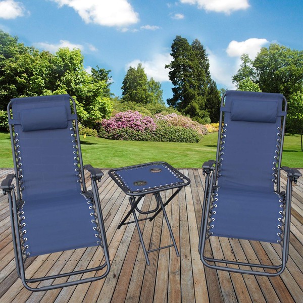 Marko Outdoor Zero Gravity Textoline Sun Lounger Set Steel Frame Reclining Chairs Table Garden (Blue)