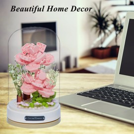 OLTLYUNH Flower Bouquet Set Rotating Music Box DIY Friends Set Botanical Collection Flowers Bonsai Tree Building Blocks Valentine's Anniversaries New Year Birthday Gift for Women Friends(Pink Rose)