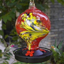 Teravem Hummingbird Feeder with Solar Lights Handblown Glass for Outdoors Hanging Red
