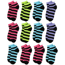 Gelante 12-Pair Women's Ankle Socks, Colorful Comfortable Lightweight Breathable Athletic 6008 Black & Striped