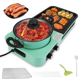 Zorpupoa Hot Pot Electric with Grill, 1600W 3 in 1 Smokeless Non-Stick Barbecue Shabu Hot Pot with Dual Temp Control, Multifunctional Teppanyaki Grill Pot, Shabu Korean BBQ for 3-5 People
