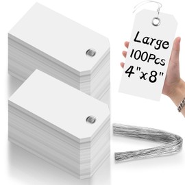 100 Pieces Large 4x8 inch White Plastic Tags with Wires Heavy Duty Waterproof Shipping Tags with String Writable Blank Hang Tags with Reinforced Holes for Luggage Garage Inventory Car Parts