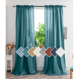 Yancorp Teal Curtains 63 Inch Length for Living Room 2 Panels Linen Textured Sheer Curtains Set Light Filtering Semi Sheer Drapes Curtains for Bedroom(Teal,W52 X L63)