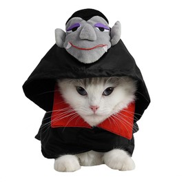 FLAdorepet Disfraz de Drácula de vampiro de Halloween para perro, disfraz de diablo de gato para perros pequeños, chamarra con capucha y agujero para correa, regalo de ropa para perros (negro, S