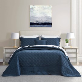 CHIXIN Oversized Cotton Bedspread Queen Size - Real Stitching - Luxury Quilted Bedding Cover for All Season, Reversible, Ultra Soft, Lightweight, 3 Piece, Navy