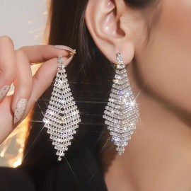 Xerling Boho Chandelier Tassel Earrings Sparkling Diamond Tassel Rhinestone Bridal Earrings Bling Statement Earrings for Women Wedding Prom Party