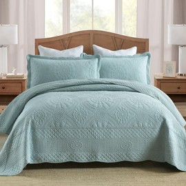 MarCielo 3-Piece 100% Cotton Oversized Bedspread Lightweight Quilt Coverlet Embroidery Farmhouse Bedding (Tf Aruba Blue, Oversized King (118"x106"))