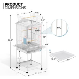 MoNiBloom 54 Inch Bird Cage w/Acrylic Door, Open Top Roof Birdcage for Finches Canaries Lovebirds Medium Small Parrots, Flight Birdcage w/Rolling Stand, White