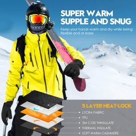 Bruvoalon Y322 Winter Gloves for Men & Women, -30℉ Waterproof Touchscreen 5-Layer Thermal Insulated Snow, Windproof Anti-Slip Ski Gloves for Cycling, Hiking, Driving, Work (Black, Medium)