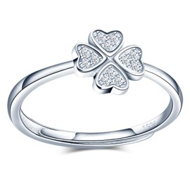 MICMIF Ring Zirconia Clover Leaf Silver 925 for Women Girls Adjustable Ring Women's 925 Sterling Silver Four-Leaf Clover Band Ring Stacking Ring Jewellery Gift for Wife Girlfriend Mother, Silver