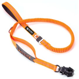 Pickle Wickle Tactical Frog Clip Leash - Heavy Duty 4-6FT Bungee Leash with Car Seatbelt Clip - Reflective Walking Lead for Medium & Large Dogs - Strong & Secure Handling with Dual Handles (Orange)