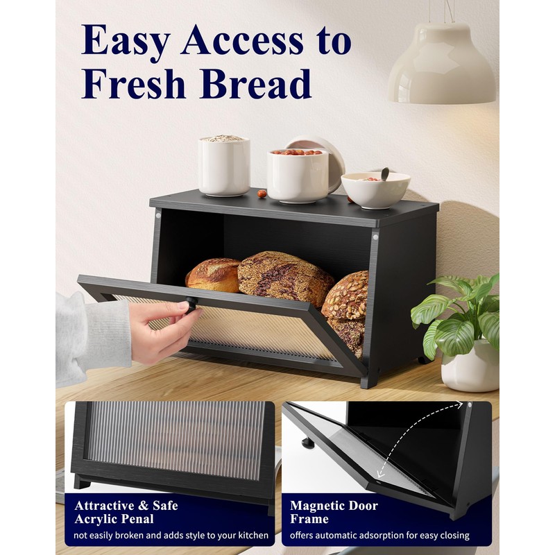 Kitsure Bread Box - Wooden Bread Box for Kitchen Countertop,