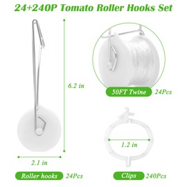 24+240P Tomato Roller Hooks with 50FT Twines and Tomato Trellis Clips, Pletpet Vine Plant Climbing Hooks Tomato Support Hooks for Vine Plant Twine Crop