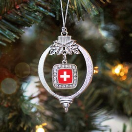 Inspired Silver - Switzerland Flag Charm Ornament - Silver Square Charm Holiday Ornaments with Cubic Zirconia Jewelry