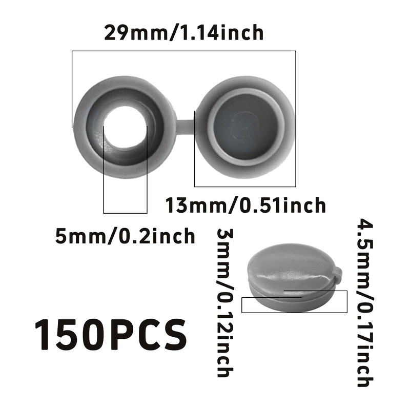 Runseaway 150Pcs Grey Plastic Screw Covers, Hinged Screw Cover Caps,