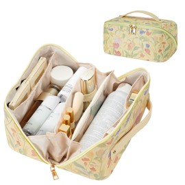 UUYUUY Travel Makeup Bag for Women PU Make Up Bag Portable Travel Cosmetic Bag with Removable Divider Large Makeup Bag Organizer Waterproof Toiletry Bag, Yellow