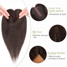 Benehair Hair Toppers for Women Real Human Hair 100% Remy Human Hair Pieces for Women with Thinning Hair 8 * 10cm Lace Silk Base 12 Inch 35g Clip in Hair Extensions Dark Brown