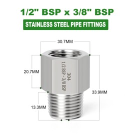 TAISHER 2 Pcs Forging of 304 Stainless Steel Fitting, Reducer Adapter, 3/8-Inch Male BSP Pipe x 1/2-Inch Female BSP Pipe, for Water Oill Air Gas
