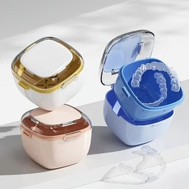 DIDATOOL Denture Case Transparent Design Denture Cup with Removable Rinse Basket, Denture Case for Cleaning, Soaking, and Storing Dentures, Mouthguards and Orthodontic Retainers (Dark blue)