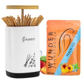 Wunder Toothpick Dispenser with Easy-Lift Function Toothpick Holder + 1 Refill Pack (100 Toothpicks) Toothpick with Flavour (Peach / Ice)