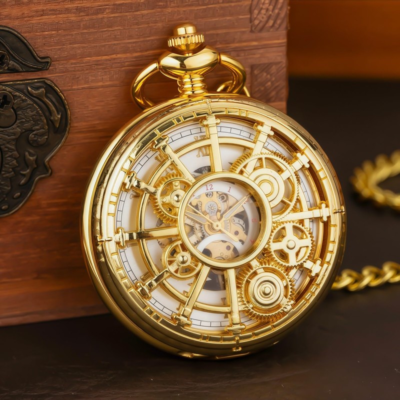 DerMacht Steampunk Gold Pocket Watch Skeleton Mechanical Gear Hand-Wind Roman