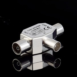IRYNA TV Aerial Splitter 2 Way, Male To Two Female Coaxial TV Aerial Connector,T/F Type Adapter Connector Socket to RF Coax Aerial Adapter, Pack of 1