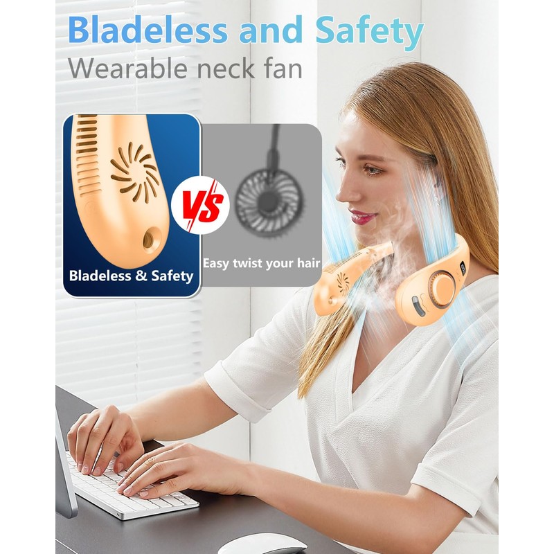 Misting Neck Fan Rechargeable,Battery Powered Folding Fan 5 Speeds,Portable Cooling