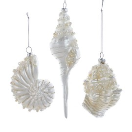 Kurt S. Adler Set of 3 Glass Matte Pearl White Seashells Beaded Christmas Ornament D4373
