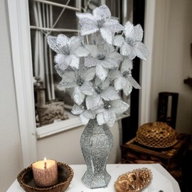 Decorative Silver Glitter Mosaic Vase with White Artificial Flowers, Sparkle Home Ornament