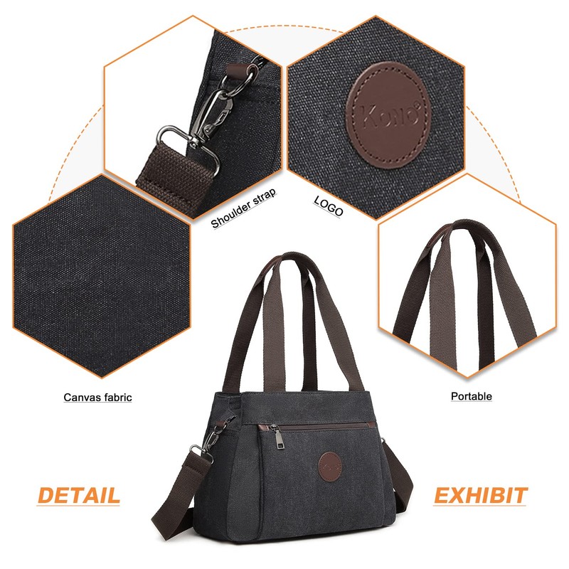 KONO Canvas Handbag Women Shoulder Bag, black, Retro